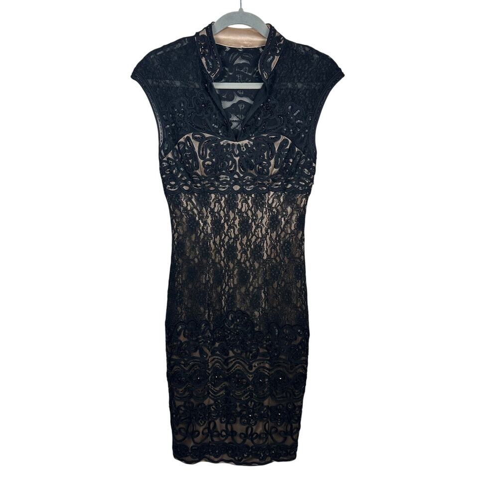 Sue Wong Nocturne Dress Women 4 Black Beige NWT Lace Sequin Illusion Bodycon